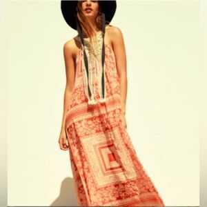 ZARA Boho Macrame Halter Maxi Dress Red Paisley Print Size XS-S